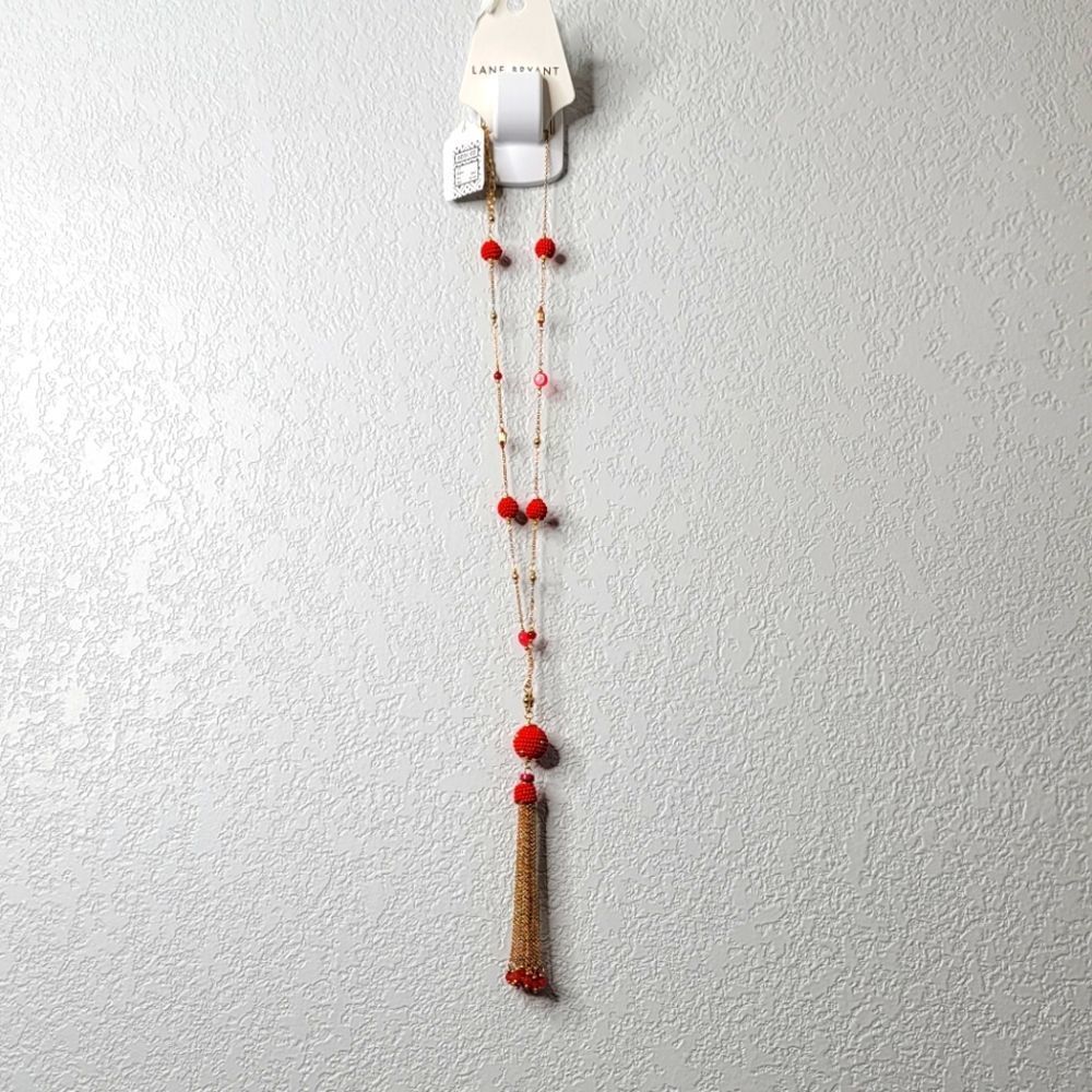 Lane Bryant beaded and gold drop tassle necklace, adjustable length